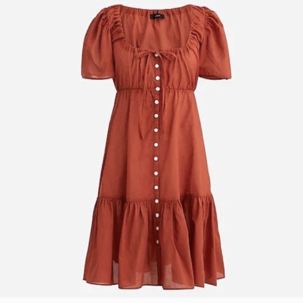 J. Crew Dress Rust Brown Orange Wildfire Cotton Voile Tiered Button Down Small